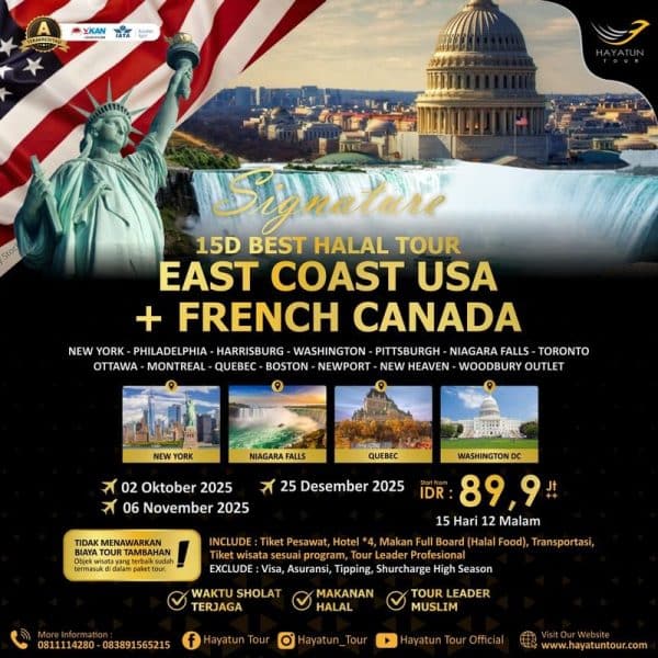 15D Best Halal Tour East Coast USA plus French Canada